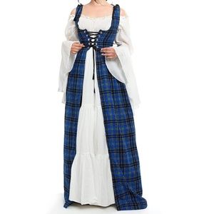 Renaissance Scottish Outlander Blue Tartan Dress Set XS